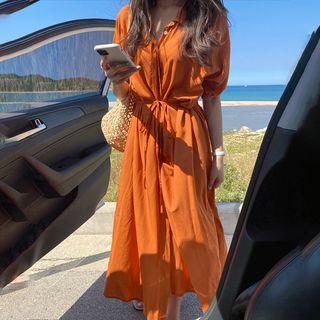 Tie-waist Short-sleeve Midi Shirtdress Tangerine - One Size