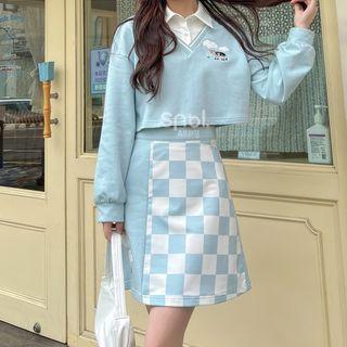 Mock Two-piece Cartoon Embroidered Sweatshirt / Checker Print A-line Skirt
