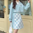 Mock Two-piece Cartoon Embroidered Sweatshirt / Checker Print A-line Skirt
