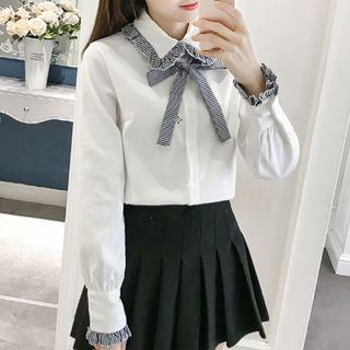 Gingham Trim Tie-neck Shirt