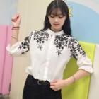 Floral Embroidered Band Collar 3/4-sleeve Blouse