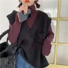 Pocket Detail Knit Vest / Turtleneck Long-sleeve Top