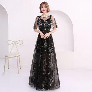 Star Embroidered A-line Evening Gown