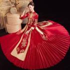 Set: Sequined Chinese Wedding Cheongsam + Maxi A-line Skirt + Headpiece + Earring