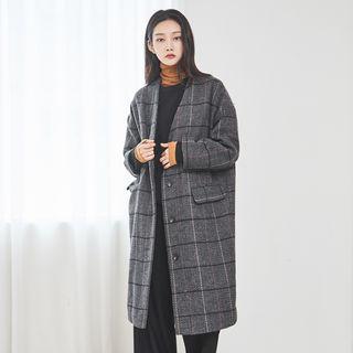 Collarless Checked Coat