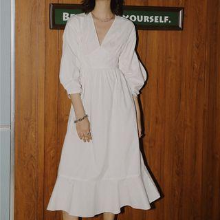V-neck Drawstring Midi A-line Dress