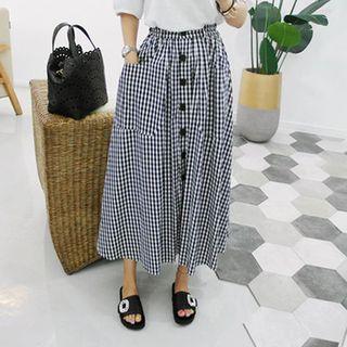 Buttoned Dual-pocket Gingham Long Skirt
