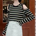 Long-sleeve Cold-shoulder Striped T-shirt Striped - Black - One Size