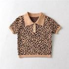 Short-sleeve Leopard Print Polo Knit Top