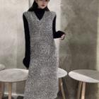 Plain Mock-neck Long-sleeve Knit Top / V-neck Sleeveless Dress