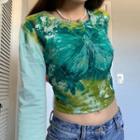 Long Sleeve Butterfly Print Tie-dyed Crop Top