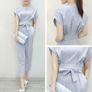 Set: Pinstriped Short Sleeve Blouse + Tapered Pants With Sash