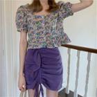 Short-sleeve Floral Print Blouse / Drawstring Ruffled A-line Skirt