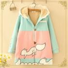 Fox Patterned Color Block Hooded Button Jacket Pink - One Size