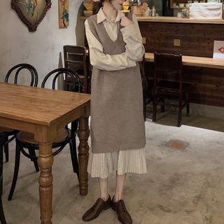 Pleated Midi Shirtdress / Sweater Vest / Set