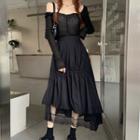 Lace Panel Ruched Midi A-line Skirt