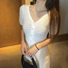 Short-sleeve Open Knit Cardigan White - One Size