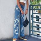 High-waist Heart Printed Wide-leg Mom Jeans