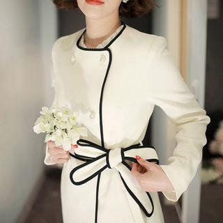 Contrast-piping Double-breasted Coat With Sash