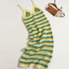 Striped V-neck Knit Spaghetti-strap Dress Green - One Size