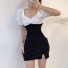Puff-sleeve Two-tone Mini Bodycon Dress