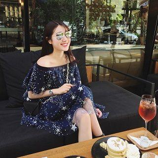 Short-sleeve Off-shoulder Printed Dress
