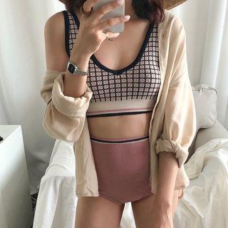 Set: Plaid Knit Bikini Top + Contrast Trim Bottom