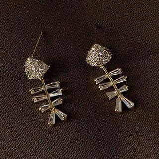 Fish Bone Rhinestone Dangle Earring B56 - 1 Pair - Gold - One Size