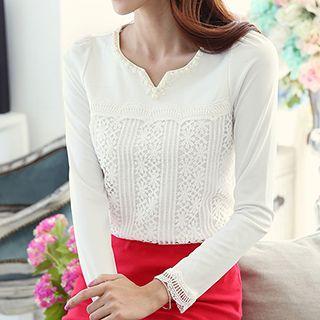 Embellished Lace Panel Long-sleeve Top