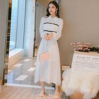 Long-sleeve Contrast Trim Crinkled A-line Dress