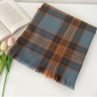 Plaid Fringe Scarf Tangerine Blue Grid - One Size