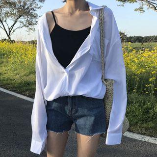 Long-sleeve Plain Loose-fit Blouse White - One Size