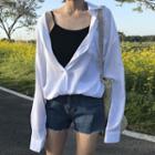 Long-sleeve Plain Loose-fit Blouse White - One Size