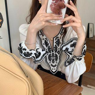 Eyelet Lace Blouse Black Print - White - One Size