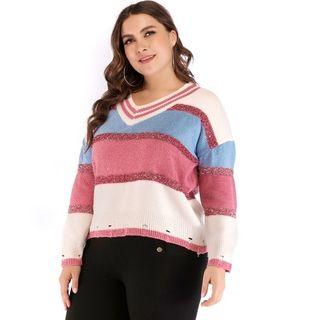 Colored Panel Knit Top Pink & White & Blue - One Size