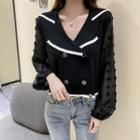 Double Breasted Mesh Panel Knit Blouse