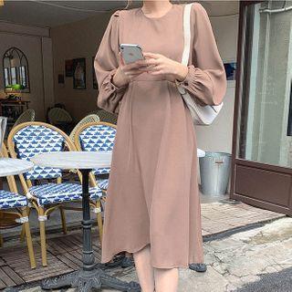 Balloon-sleeve Tie-waist Dress Brown - One Size