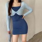 Set: Strappy Mini Sheath Dress + Long-sleeve Top Set - Dark Blue Strappy Dress & Long-sleeve Top - Light Blue - One Size