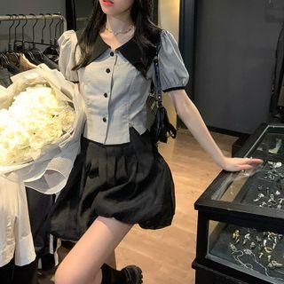 Details Slited Crop Shirt / Pleated Mini Bubble Skirt
