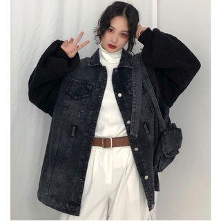 Set: Knit Panel Denim Jacket + Belt With Pouch