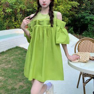 Plain Round-neck Off-shoulder Dress