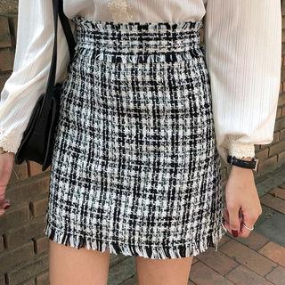 Fringed A-line Tweed Miniskirt
