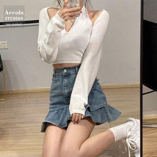 Halter Camisole / Long-sleeve Shrug / Denim Mini Skirt / Set