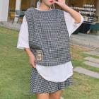 Set: Elbow-sleeve T-shirt + Gingham Vest + Wide Leg Shorts As Shown In Figure - One Size