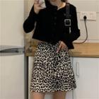 Cropped Cardigan / Leopard Print Mini Skirt