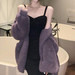 Spaghetti Strap Midi Sheath Dress / Fluffy Jacket