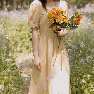 Puff-sleeve Bow Detail Lace Trim A-line Midi Dress