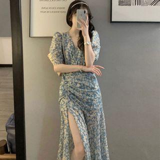 Puff-sleeve Slit Floral Midi A-line Dress
