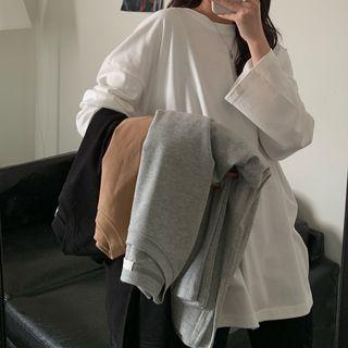 Long-sleeve Side-slited Plain T-shirt