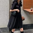 Short-sleeve Plain Shirt Dress Black - One Size